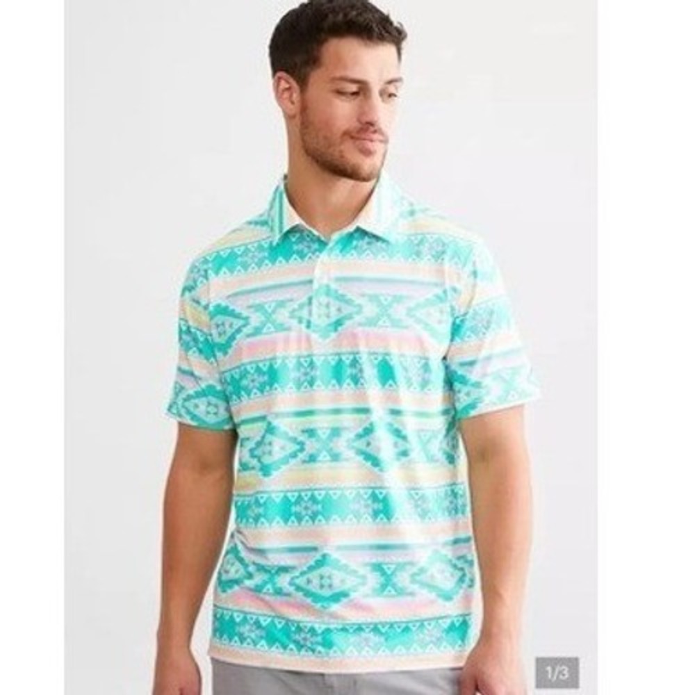 Chubbies The En Fuegos Performance Polo Mens Medium Teal Geometric Print Stretch